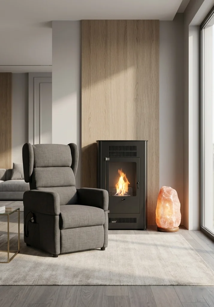 poltrona relax, stufa a bioetanolo e lampada di sale in ambiente living